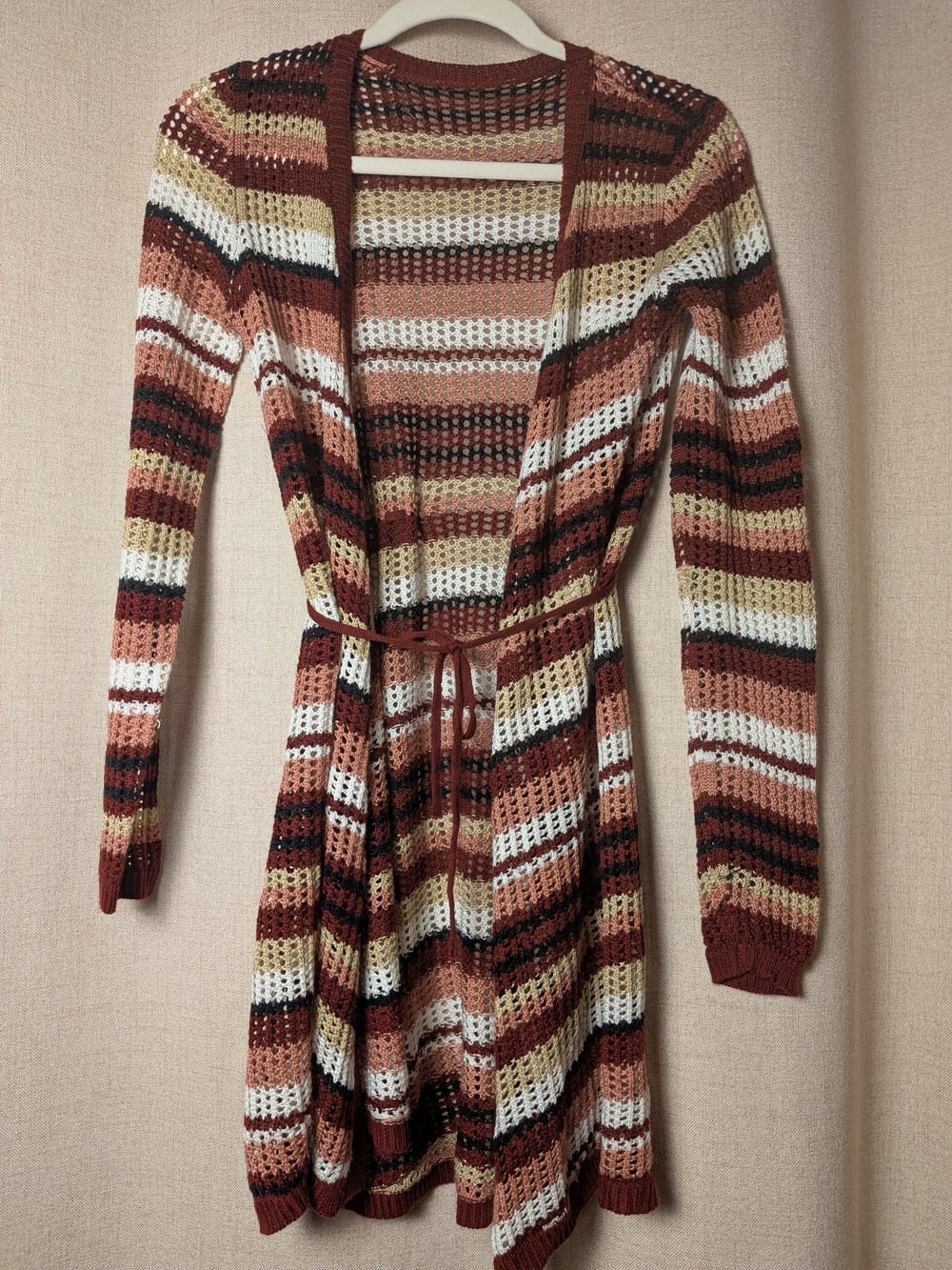 Open Knit Striped Tie Waist Cardigan Sweater Duster Boho Women's Medium